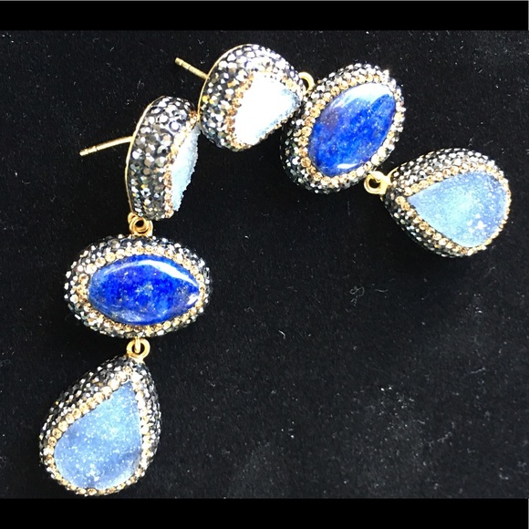 Swarovski Crystal & Lapis/Chalcedony Gem Earrings - Picture 7 of 8